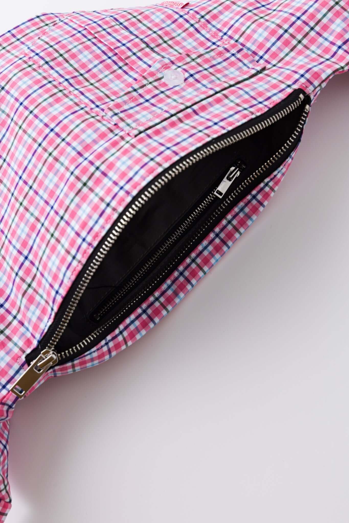 Pink plaid bag with a strap simulating a shirt
