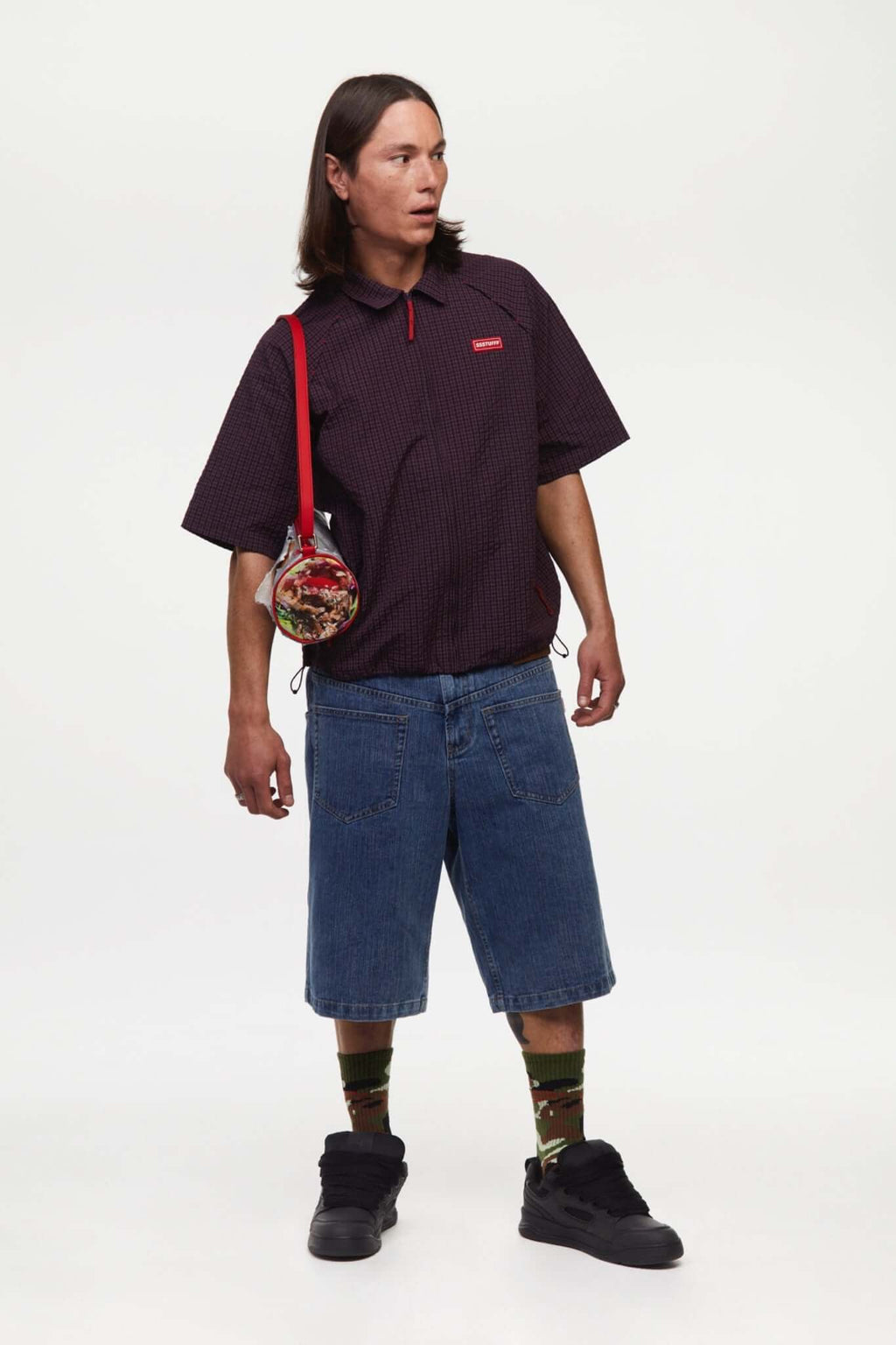 Blue denim reverse shorts with a cardholder on the front
