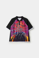 Black jersey shirt with a colorful spider web design with the word SSSTUFFF on it