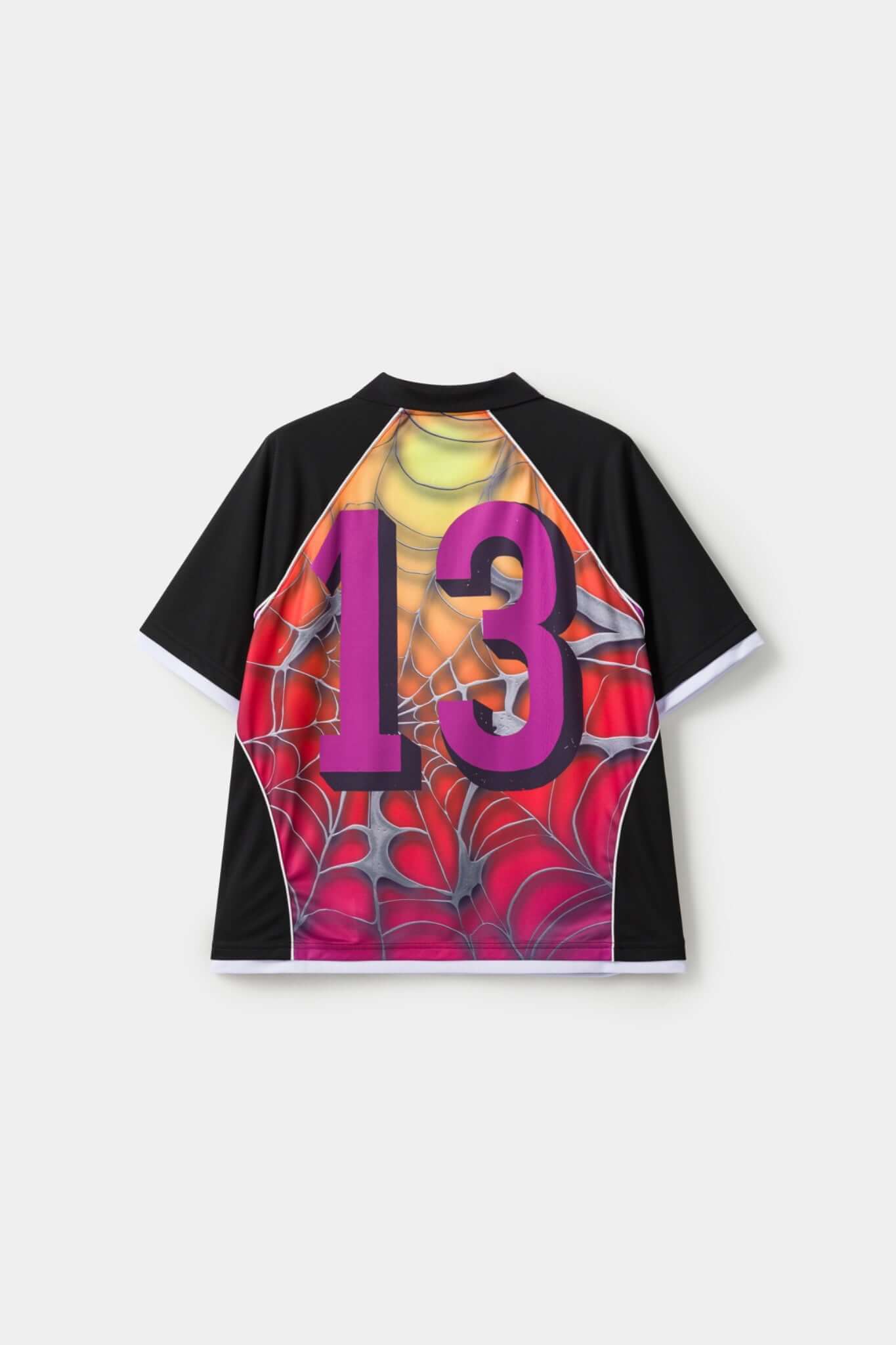 Black jersey shirt with a colorful spider web design with the word SSSTUFFF on it
