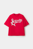 Red t-shirt with white SSSTUFFF logo and a star