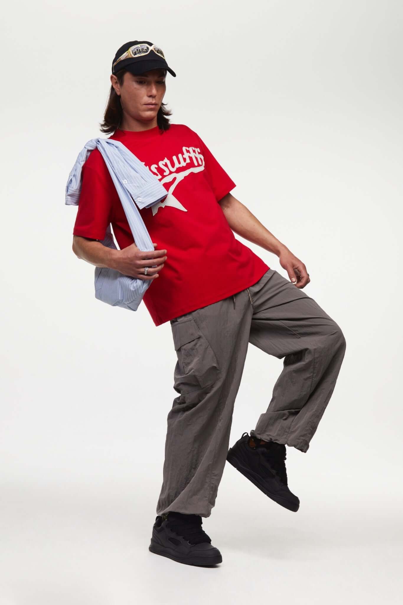 Red t-shirt with white SSSTUFFF logo and a star
