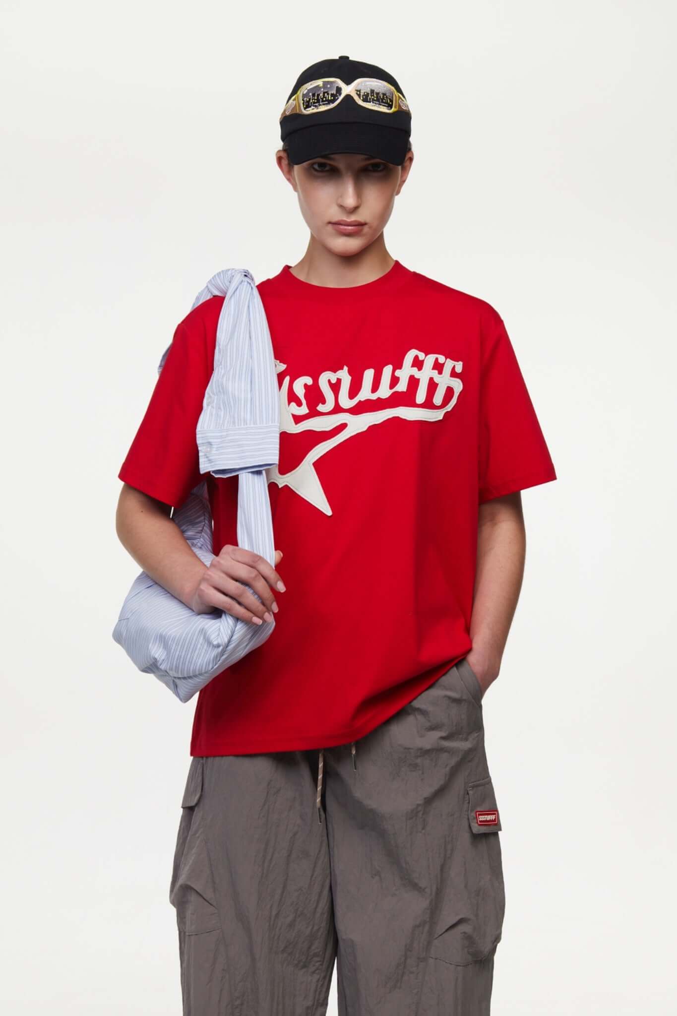 Red t-shirt with white SSSTUFFF logo and a star

