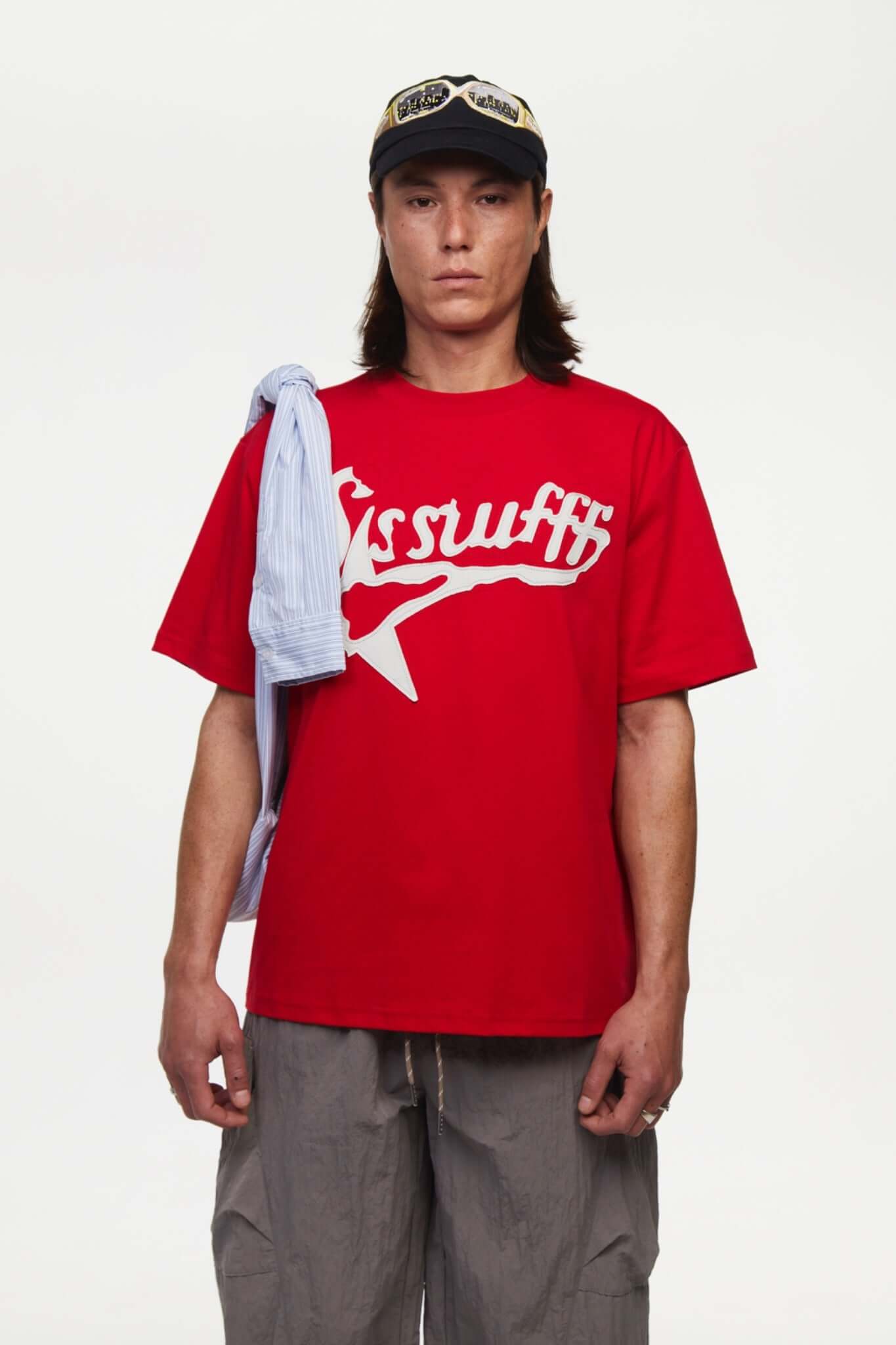 Red t-shirt with white SSSTUFFF logo and a star
