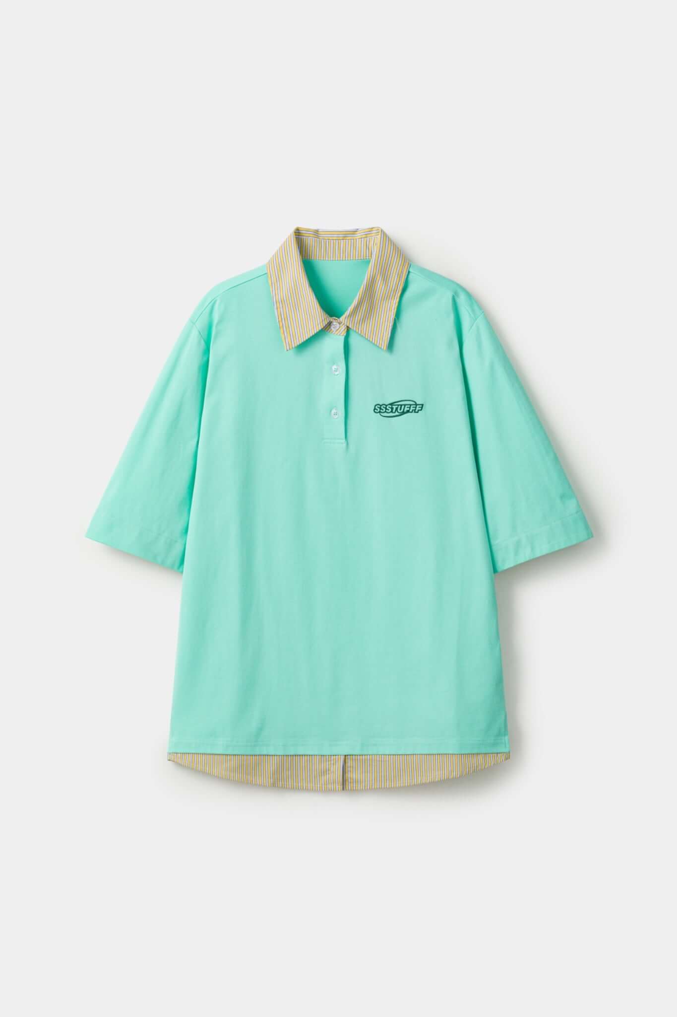 Turquoise polo shirt with checkered collar and sleeves