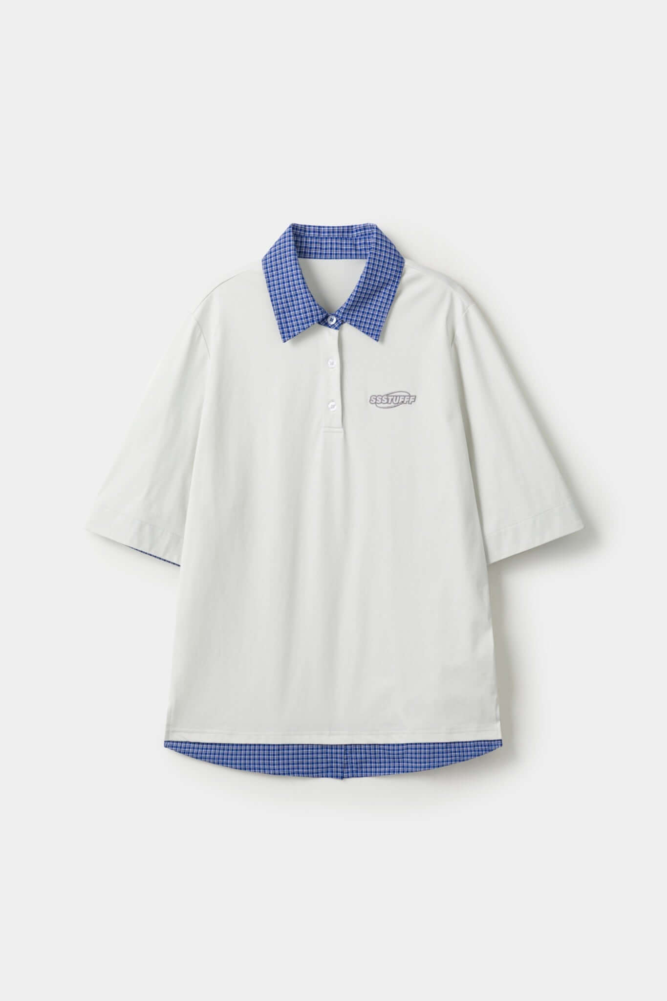 White polo shirt with checkered collar and sleeves

