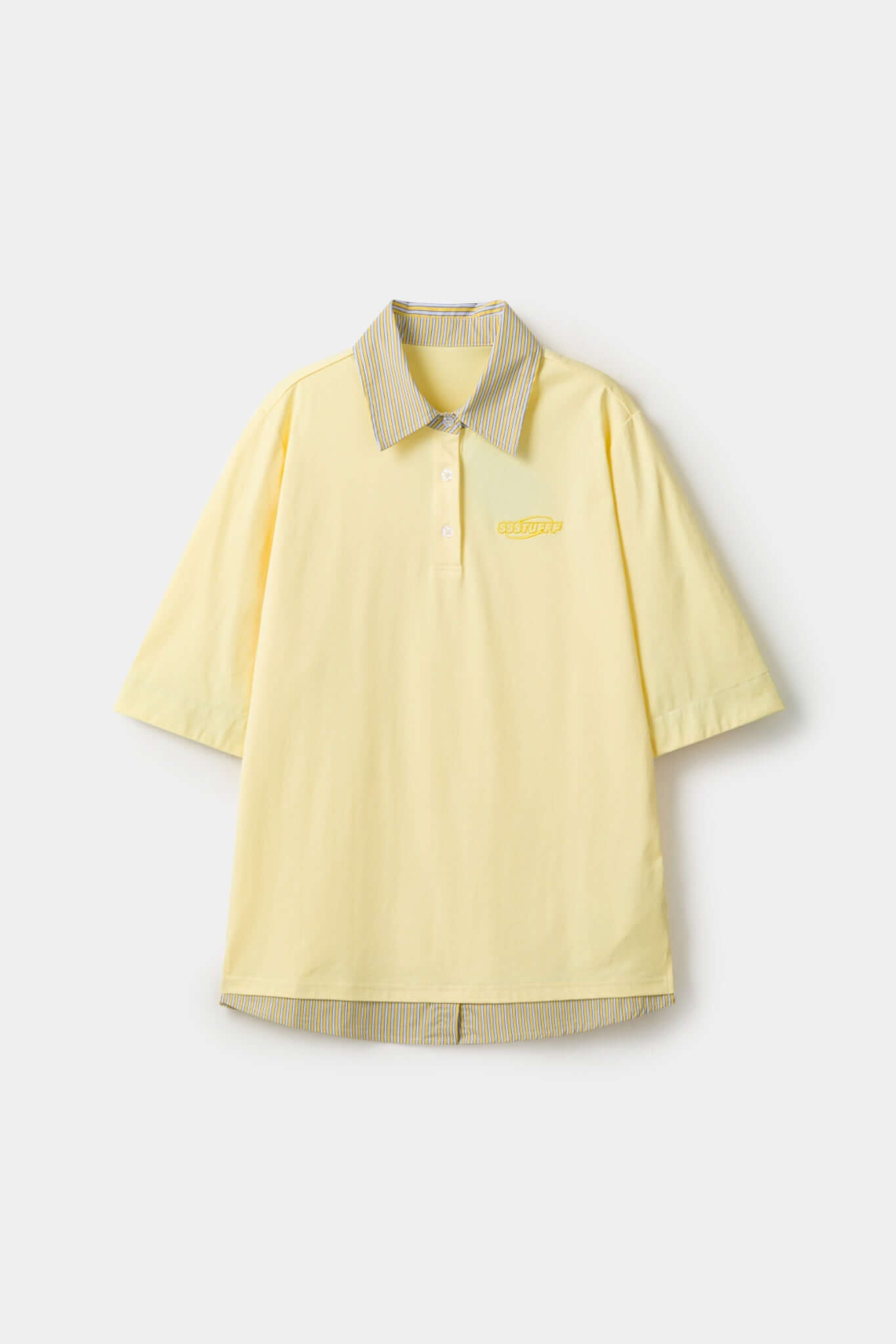 Yellow polo shirt with checkered collar and sleeves
