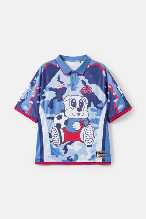 3 blue toned camouflage sports jersey with a cartoon character in a red and blue outfit, 'SSSTUFFF' logo and the number '88' in red and white on a white background