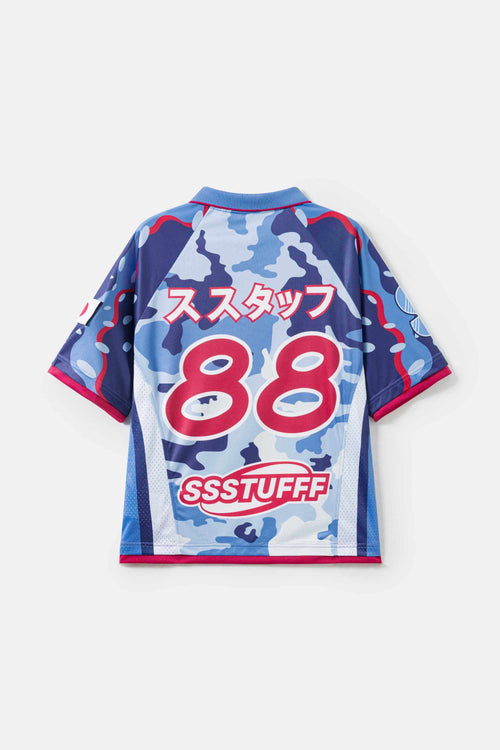 3 blue toned camouflage sports jersey with 'SSSTUFFF' written in Japanese and the number '88' in red and white on a white background