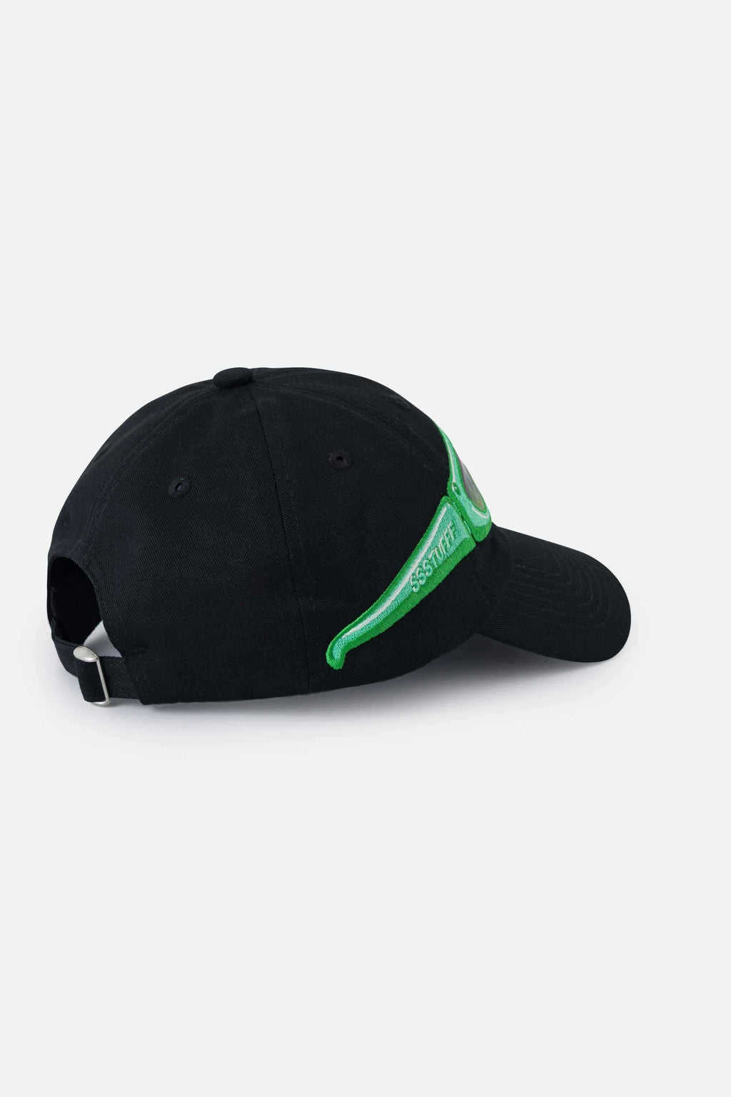Back of a black cap with green sunglasses design on a white background.