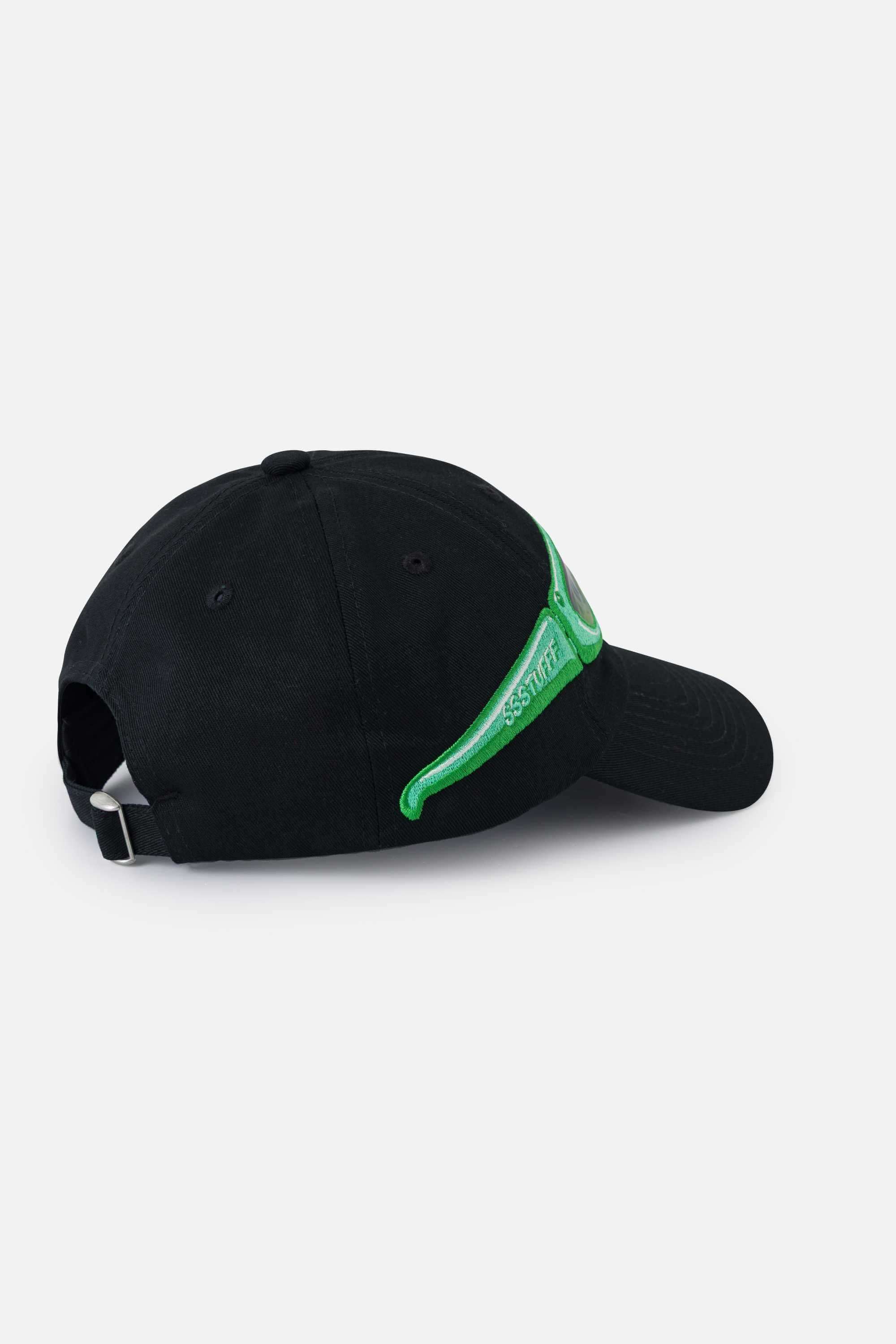 Back of a black cap with green sunglasses design on a white background.