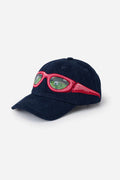 Denim cap with red sunglasses design on a white background. The lens of the glasses has a lenticular effect with a football ball inside a goal