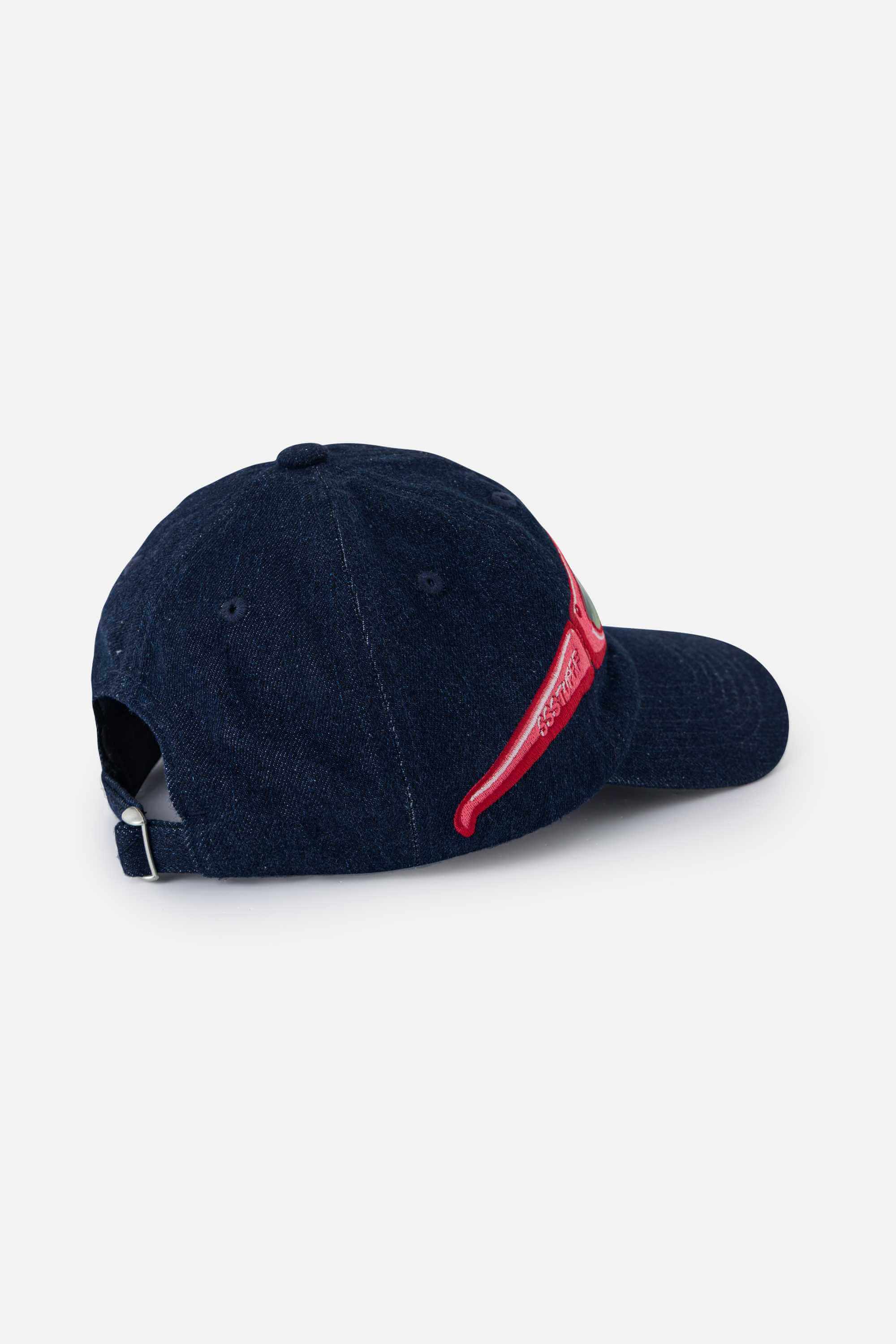 Back of a denim cap with red sunglasses design on a white background.