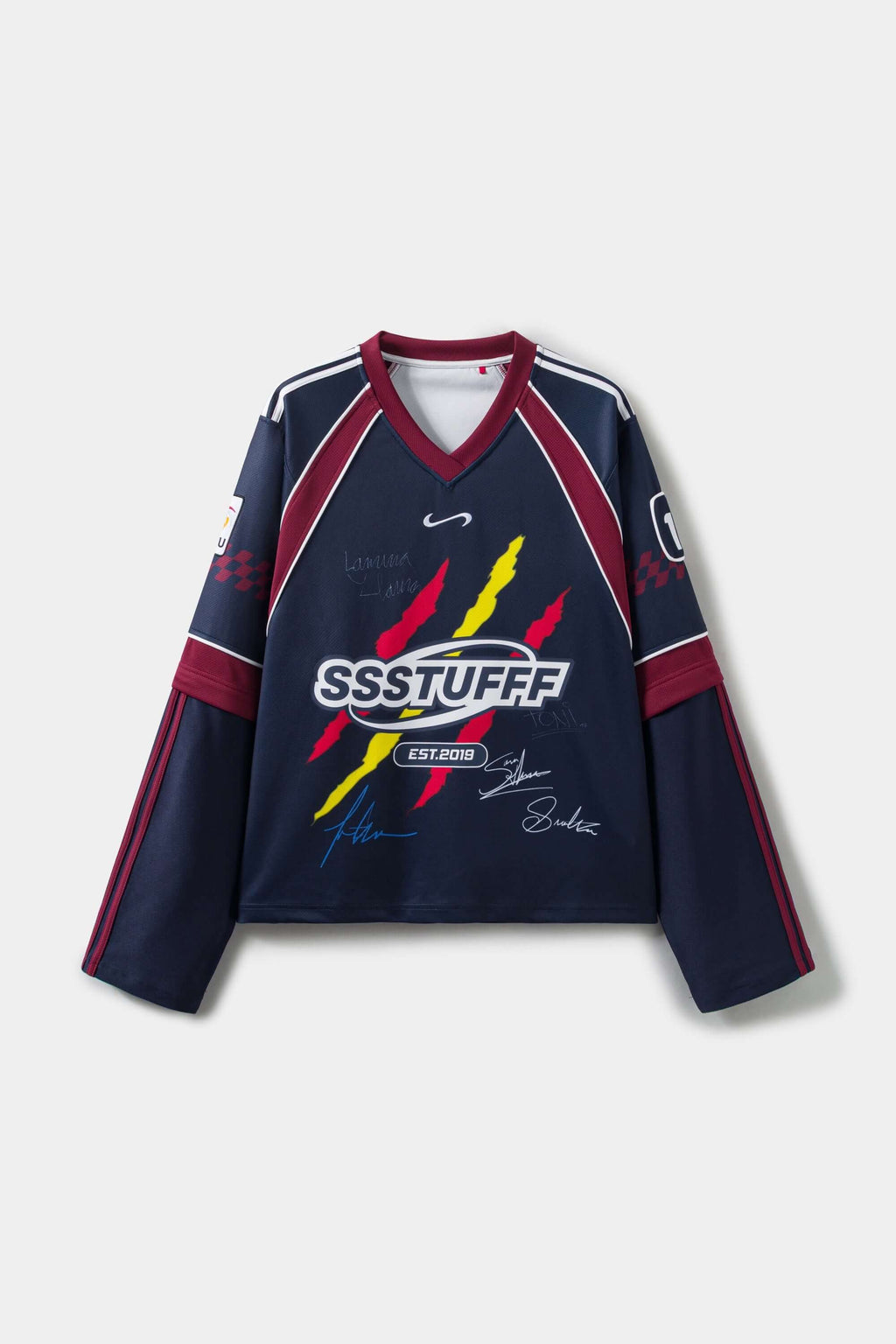 Navy blue sports jersey signed, with red and yellow accents, with the 'SSSTUFFF' logo in white on a white background