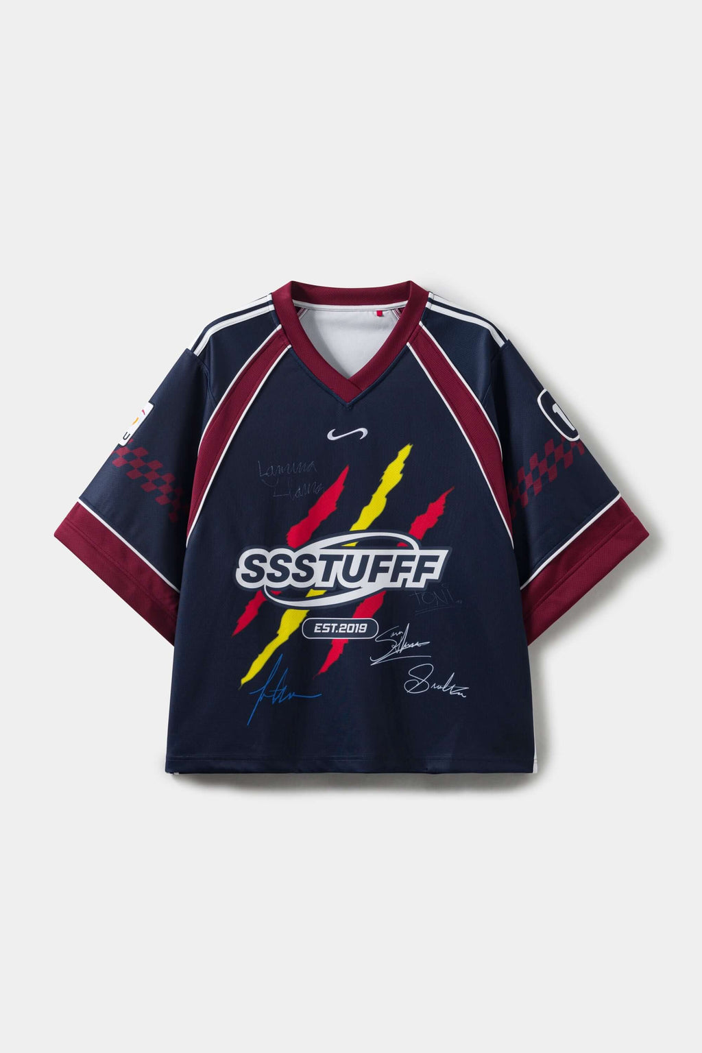 Navy blue sports jersey signed, with red and yellow accents, with the 'SSSTUFFF' logo in white on a white background