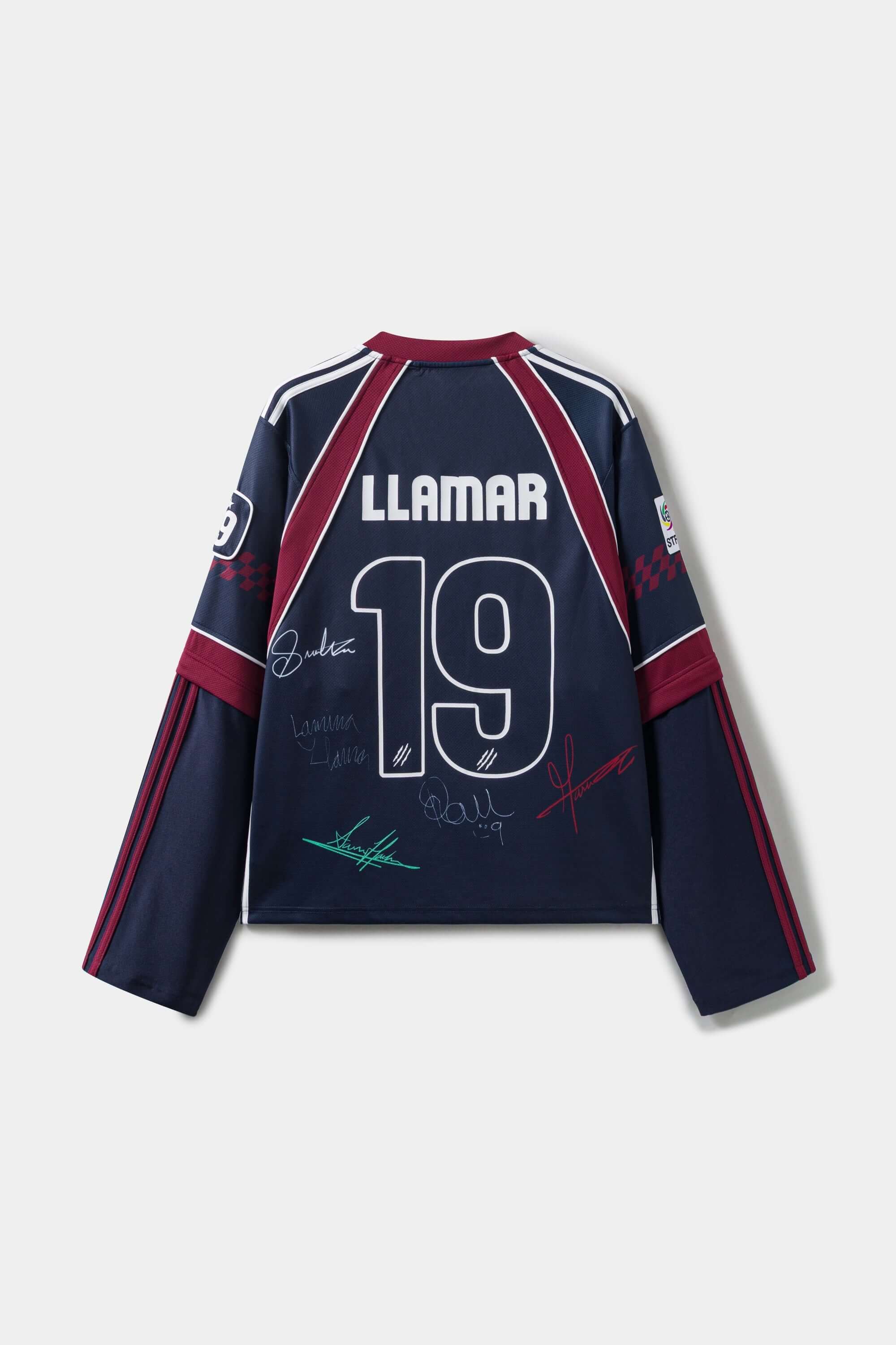 Navy sports jersey signed, with red accents, number 19, and name 'LLAMAR' on a white background
