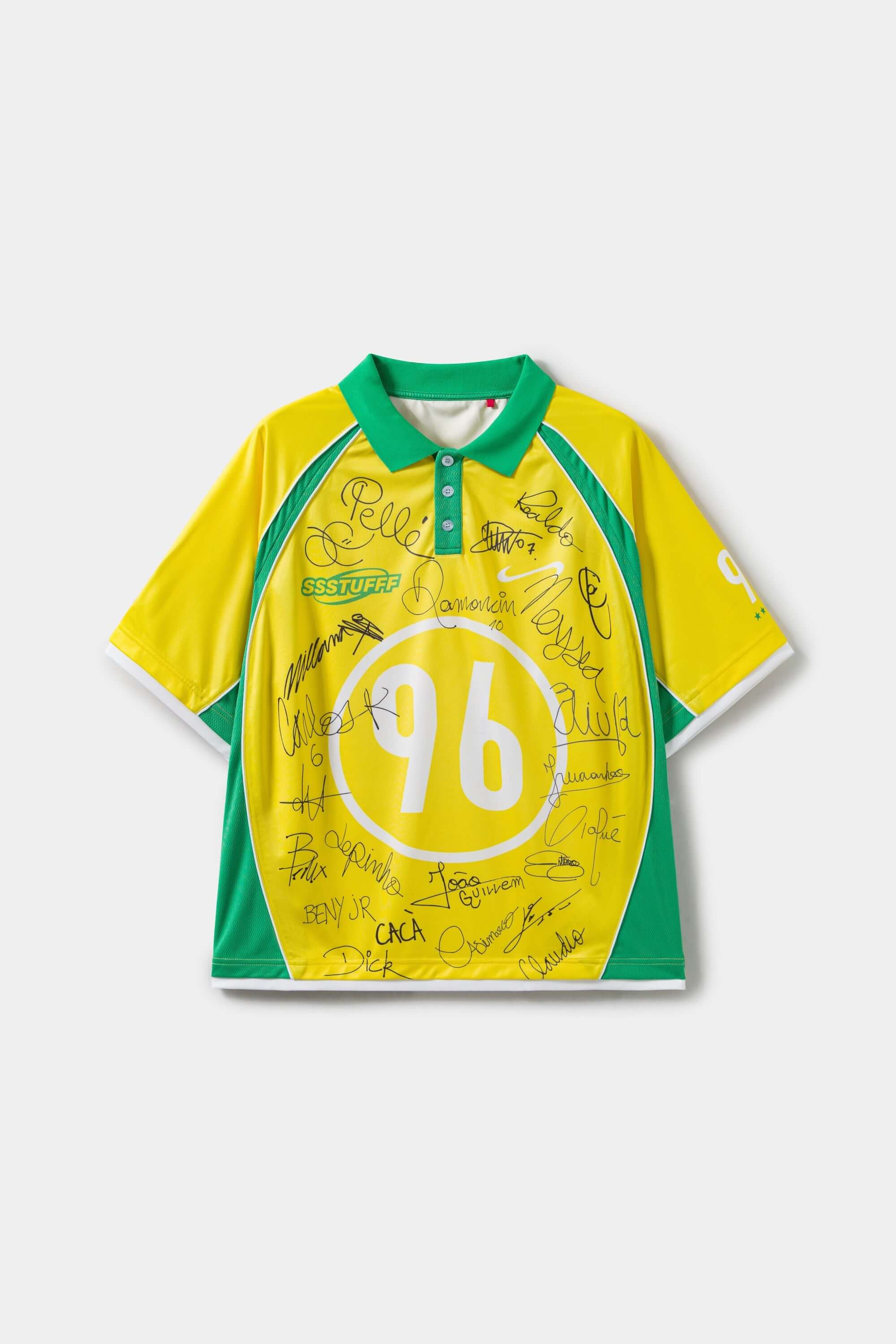 Yellow and green sports jersey with '96' and signatures on a white background