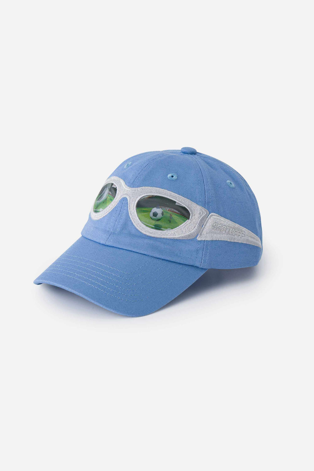 Light blue cap with silver sunglasses design on a white background. The lens of the glasses has a lenticular effect with a football ball inside a goal