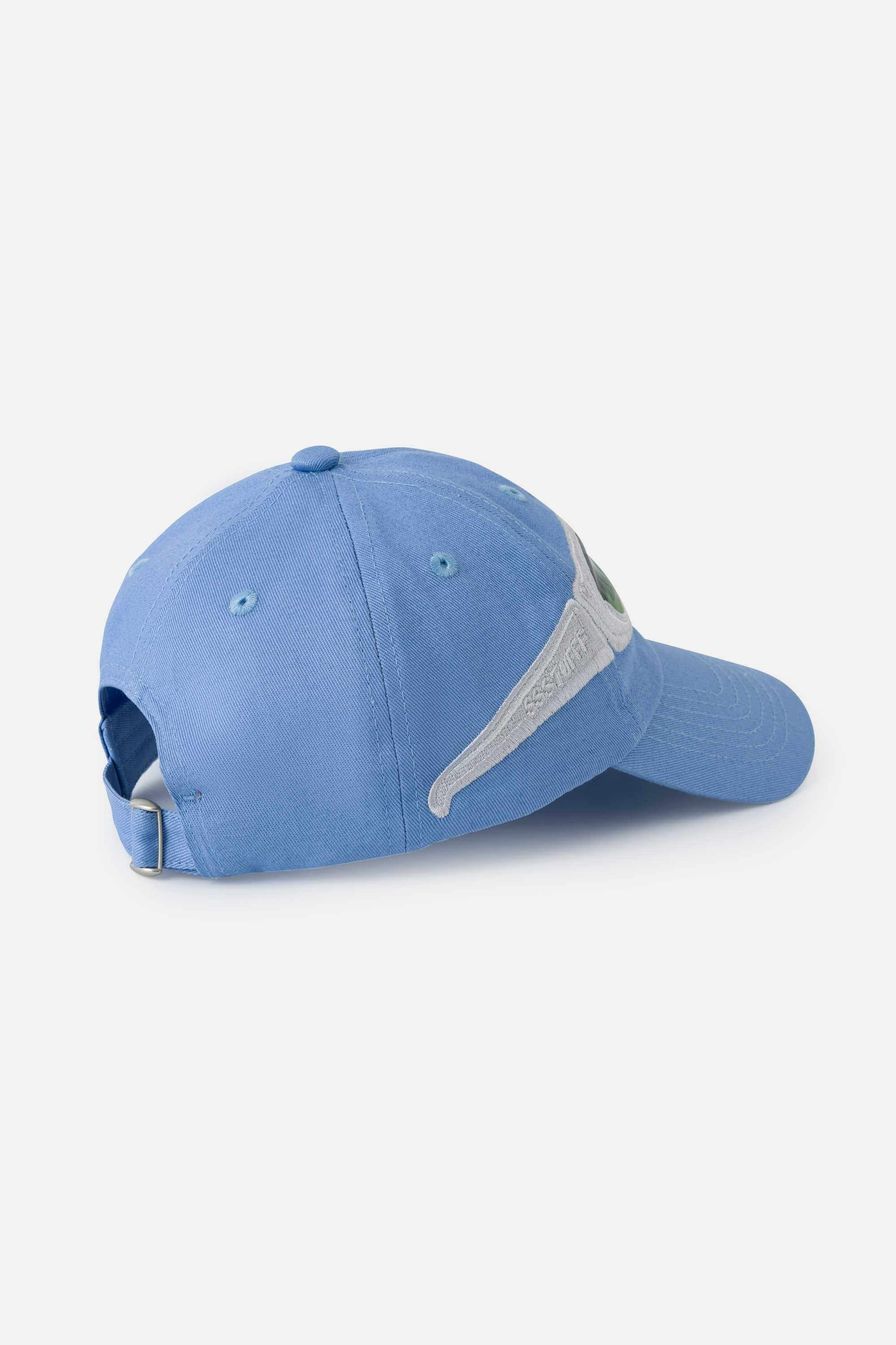 Back of a light blue cap with silver sunglasses design on a white background.