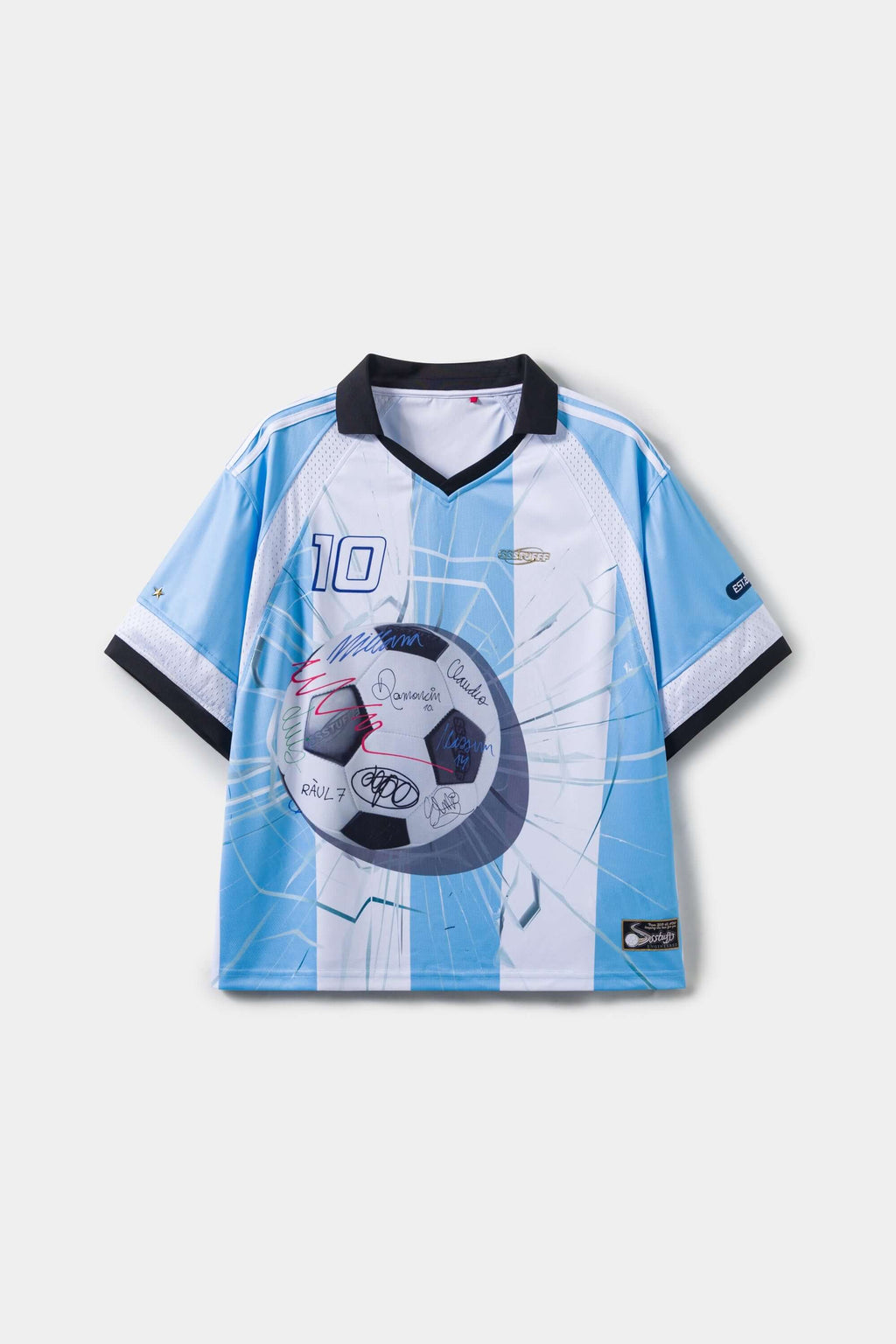 Blue and white sports jersey with a soccer ball design signed with a number '10' and brand logo on a plain background