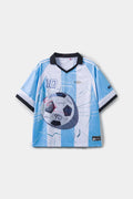 Blue and white sports jersey with a soccer ball design signed with a number '10' and brand logo on a plain background