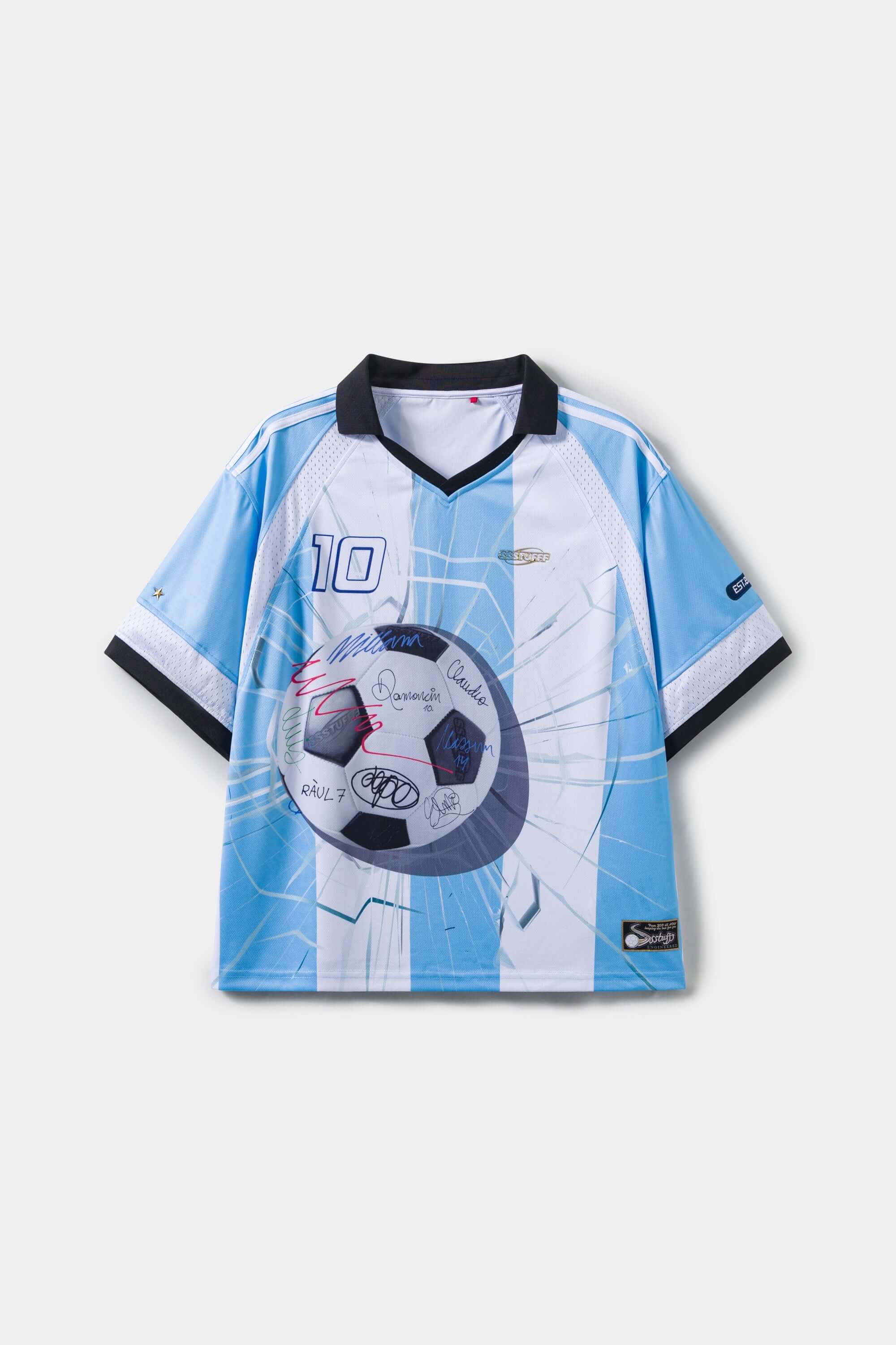 Blue and white sports jersey with a soccer ball design signed with a number '10' and brand logo on a plain background