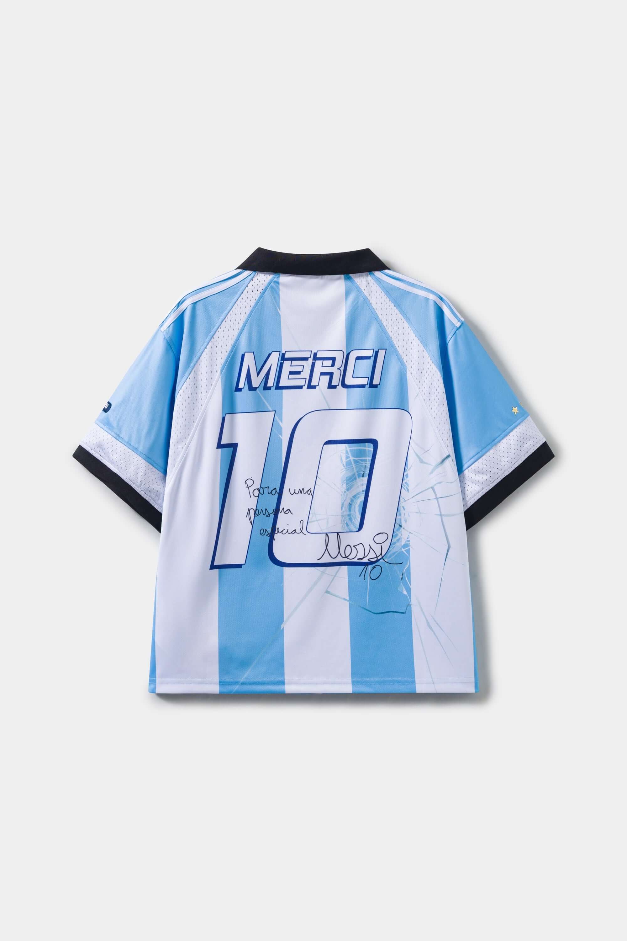 Blue and white striped jersey signed with 'MERCI' and number '10' on a white background