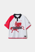White football polo shirt with red accents and a print mimicking embroidered logo and motive in red and black