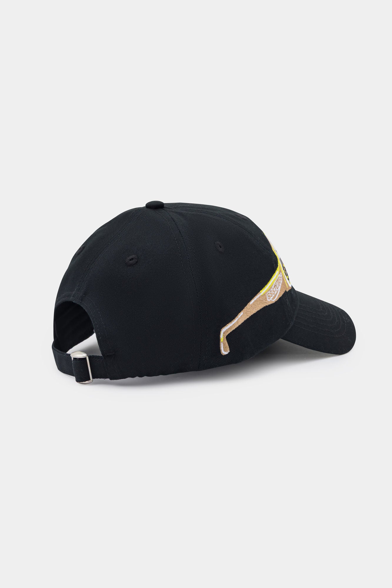 Black cap with embroidery sunglasses design on a light gray background