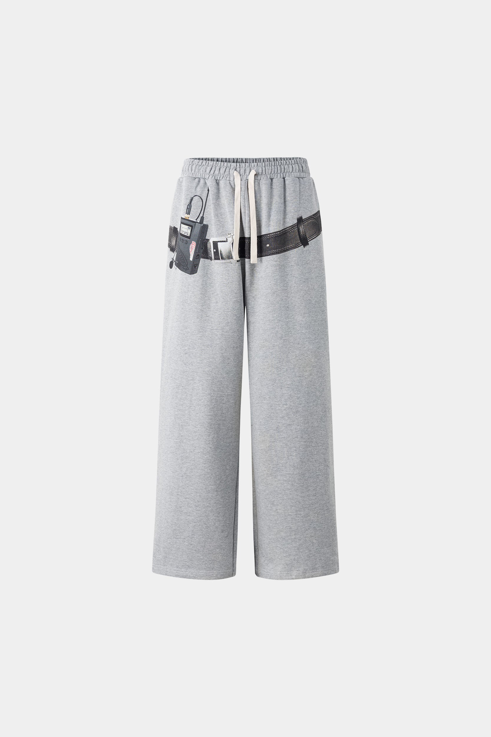 Gray wide-leg pants with a walkman belt on a grey background
