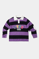 STFU Rugby Polo purple and black striped with white collar and 2025 embroidery