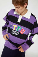 STFU Rugby Polo purple and black striped with white collar and 2025 embroidery