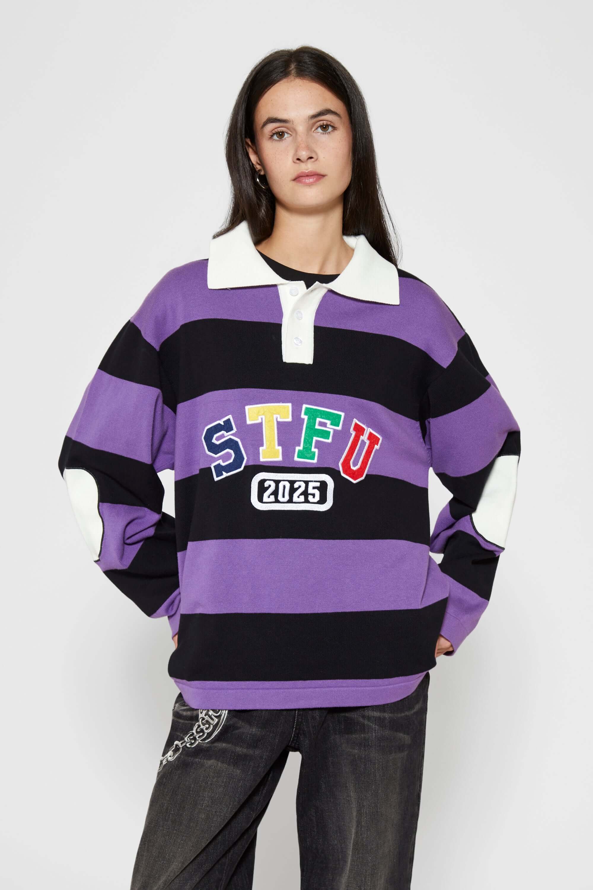 STFU Rugby Polo | Purple Striped Cotton Rugby Shirt with Contrast