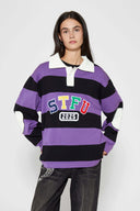 STFU Rugby Polo purple and black striped with white collar and 2025 embroidery