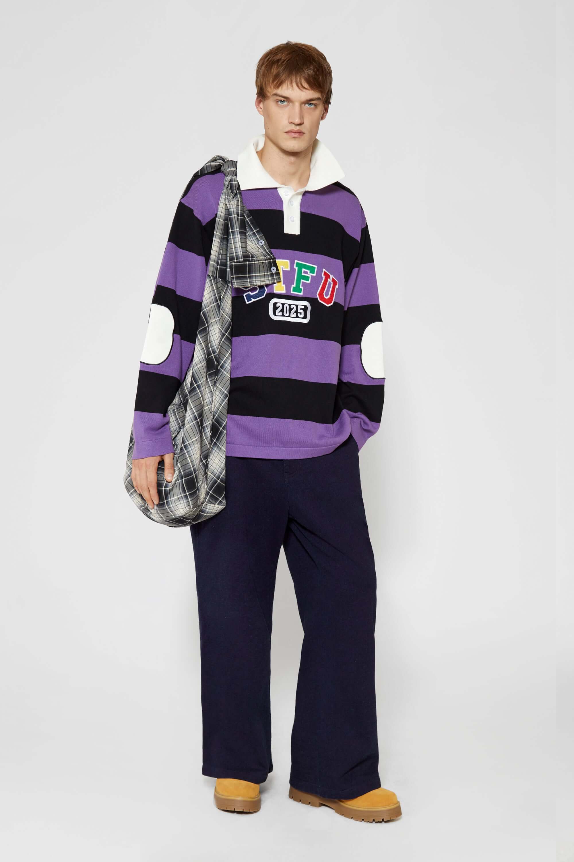 STFU Rugby Polo | Purple Striped Cotton Rugby Shirt with Contrast
