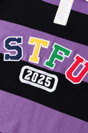 STFU Rugby Polo purple and black striped with white collar and 2025 embroidery