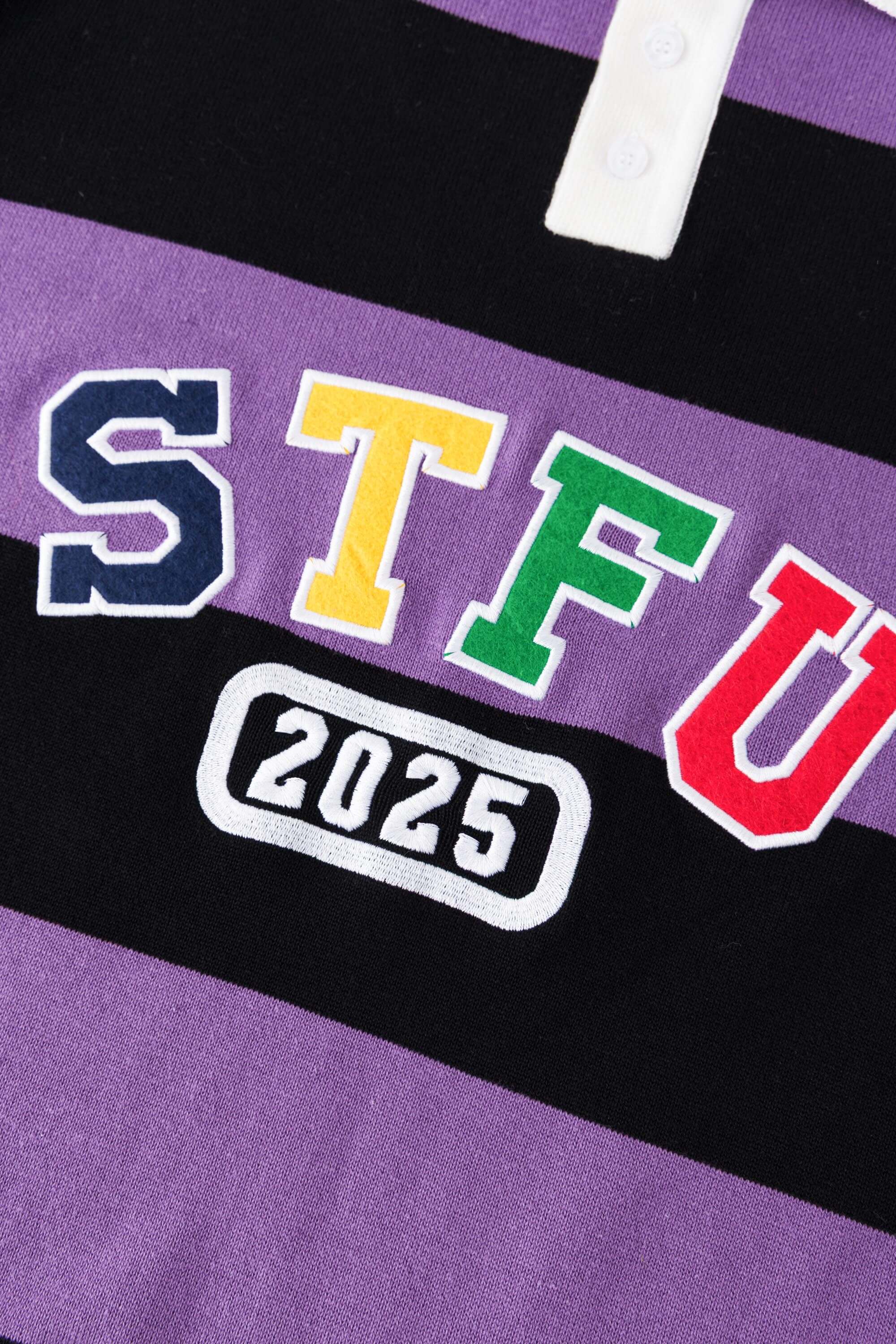 STFU Rugby Polo purple and black striped with white collar and 2025 embroidery