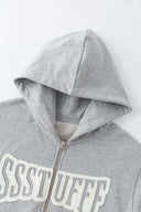 Gray hoodie with 'SSSTUFF' that changed color with UV light