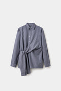 4 Sleeves Button Up Shirt in navy stripe, with two extra sleeves knotted at the waist.