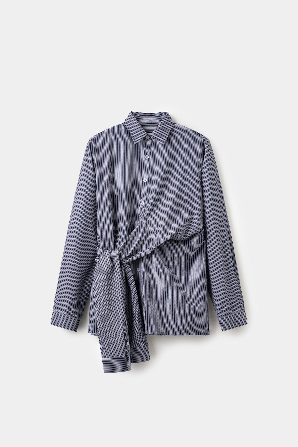 4 Sleeves Button Up Shirt in navy stripe, with two extra sleeves knotted at the waist.