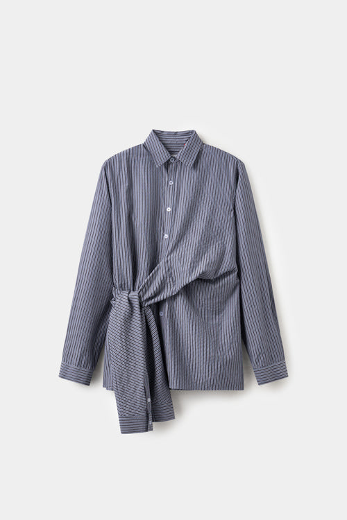 4 Sleeves Button Up Shirt in navy stripe, with two extra sleeves knotted at the waist.