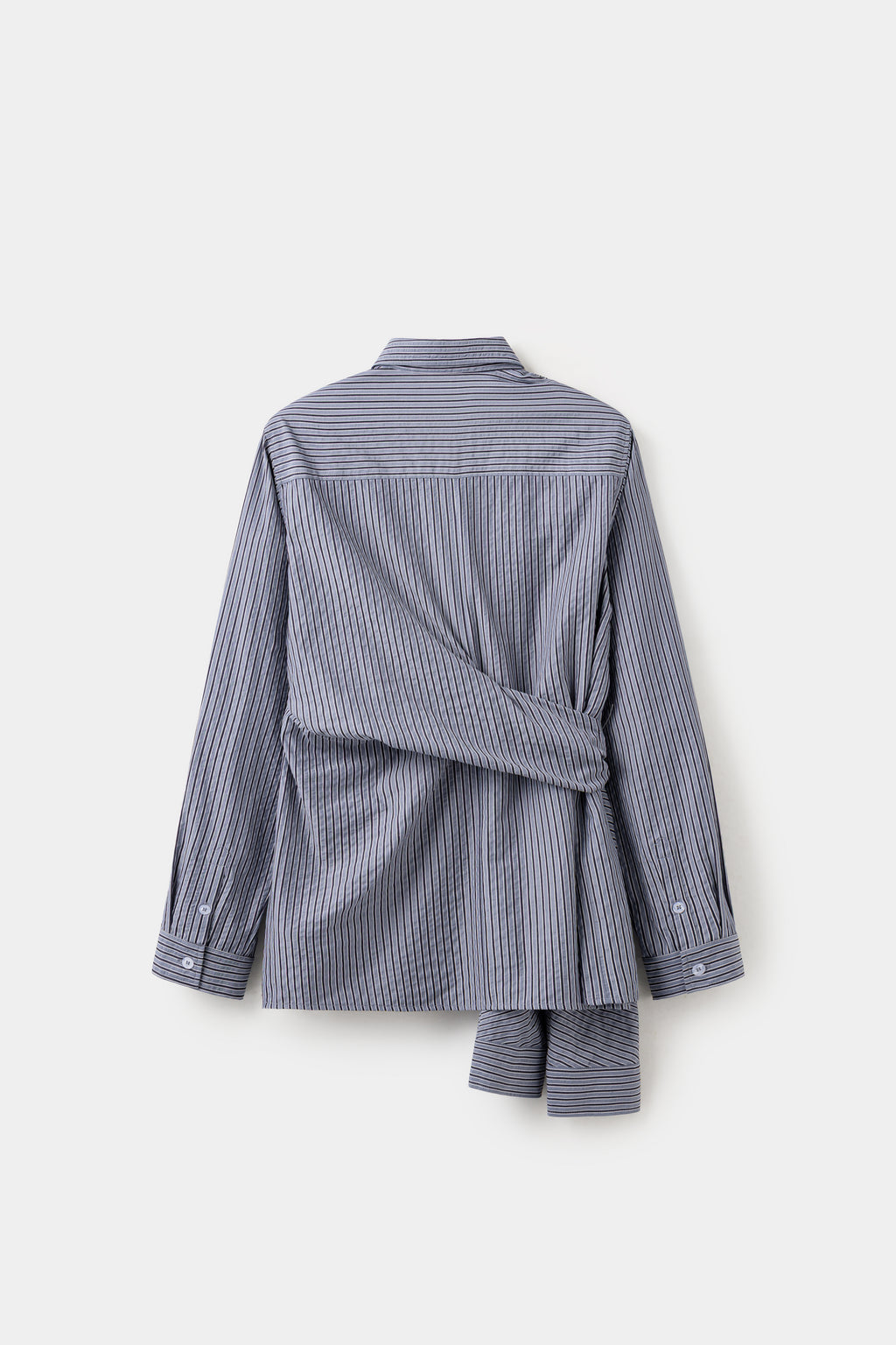 Back view of the striped four-sleeve shirt, with the spare sleeves hanging loose.