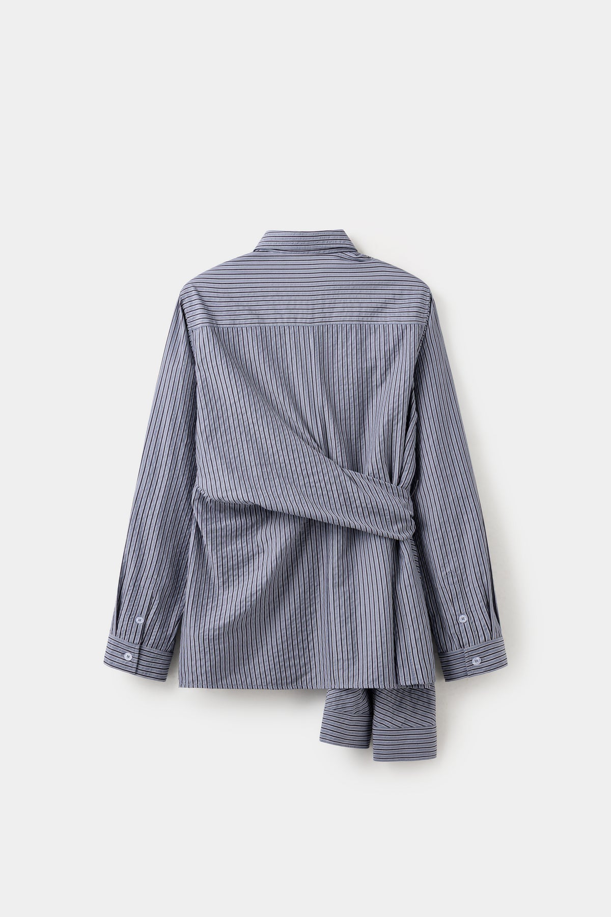 Back view of the striped four-sleeve shirt, with the spare sleeves hanging loose.