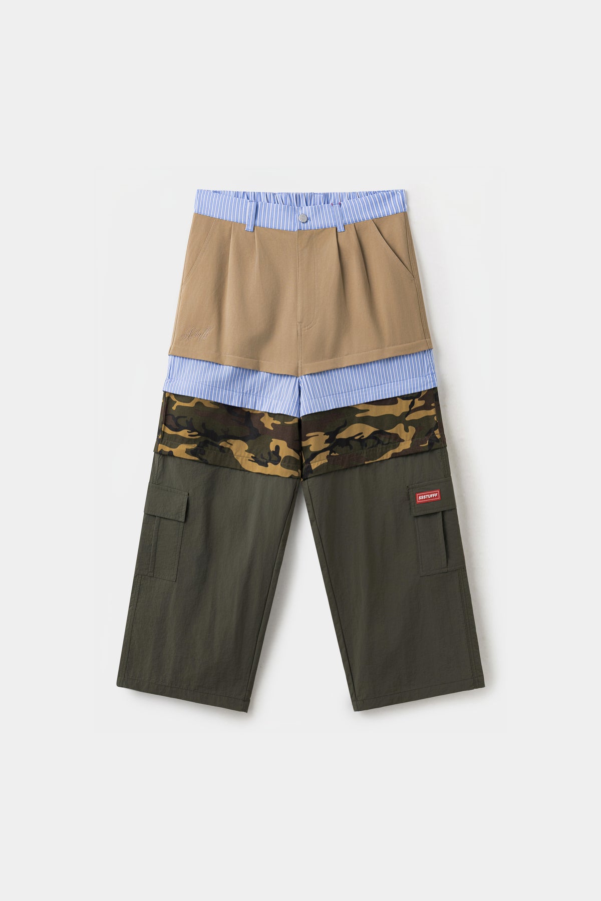 5 in 1 Layered Pants, five zip-together layers of khaki, stripe, camo and olive workwear.