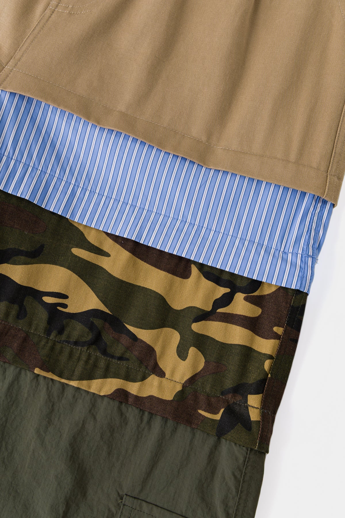 Detail of the stripe, camo and olive layers stacked at the thigh.