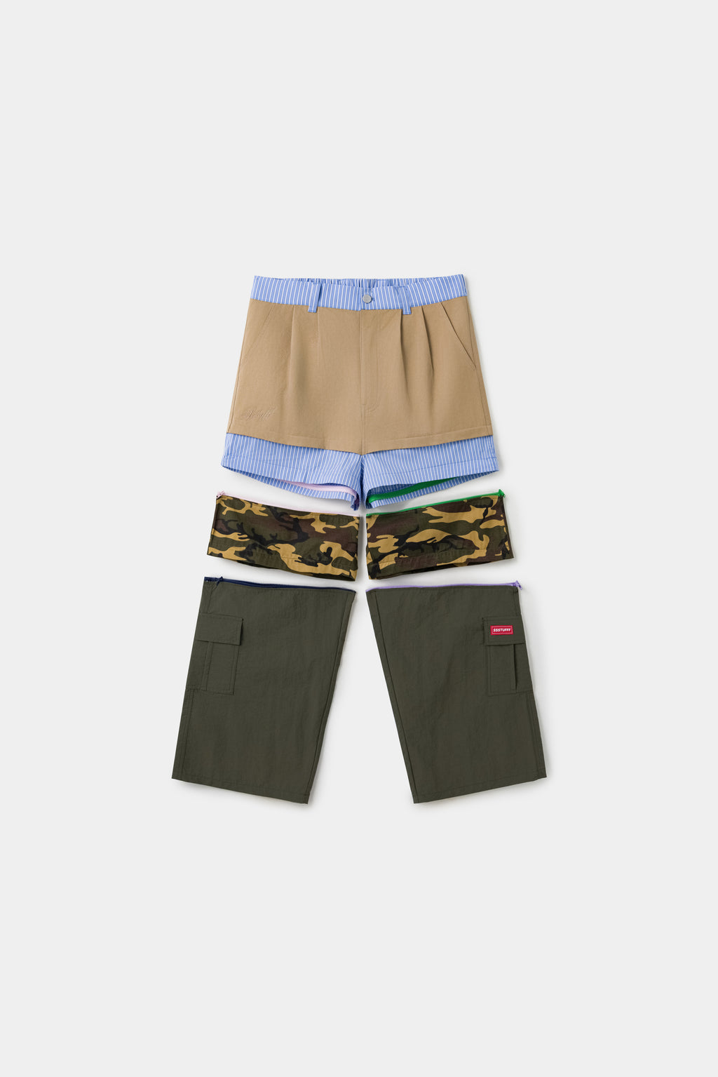 All five layers unzipped and laid out side by side.