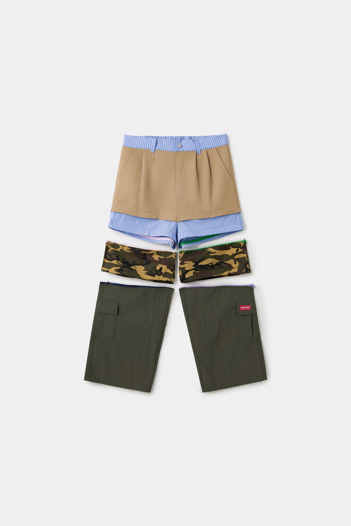 All five layers unzipped and laid out side by side.
