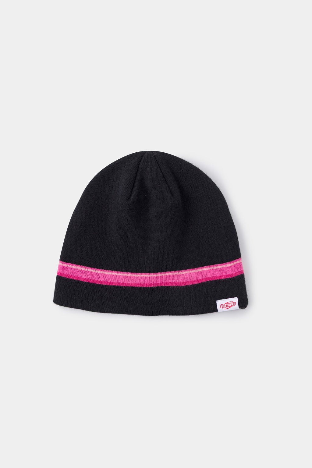 Back view of the black beanie, showing the pink band and the red Ssstufff label at the hem.
