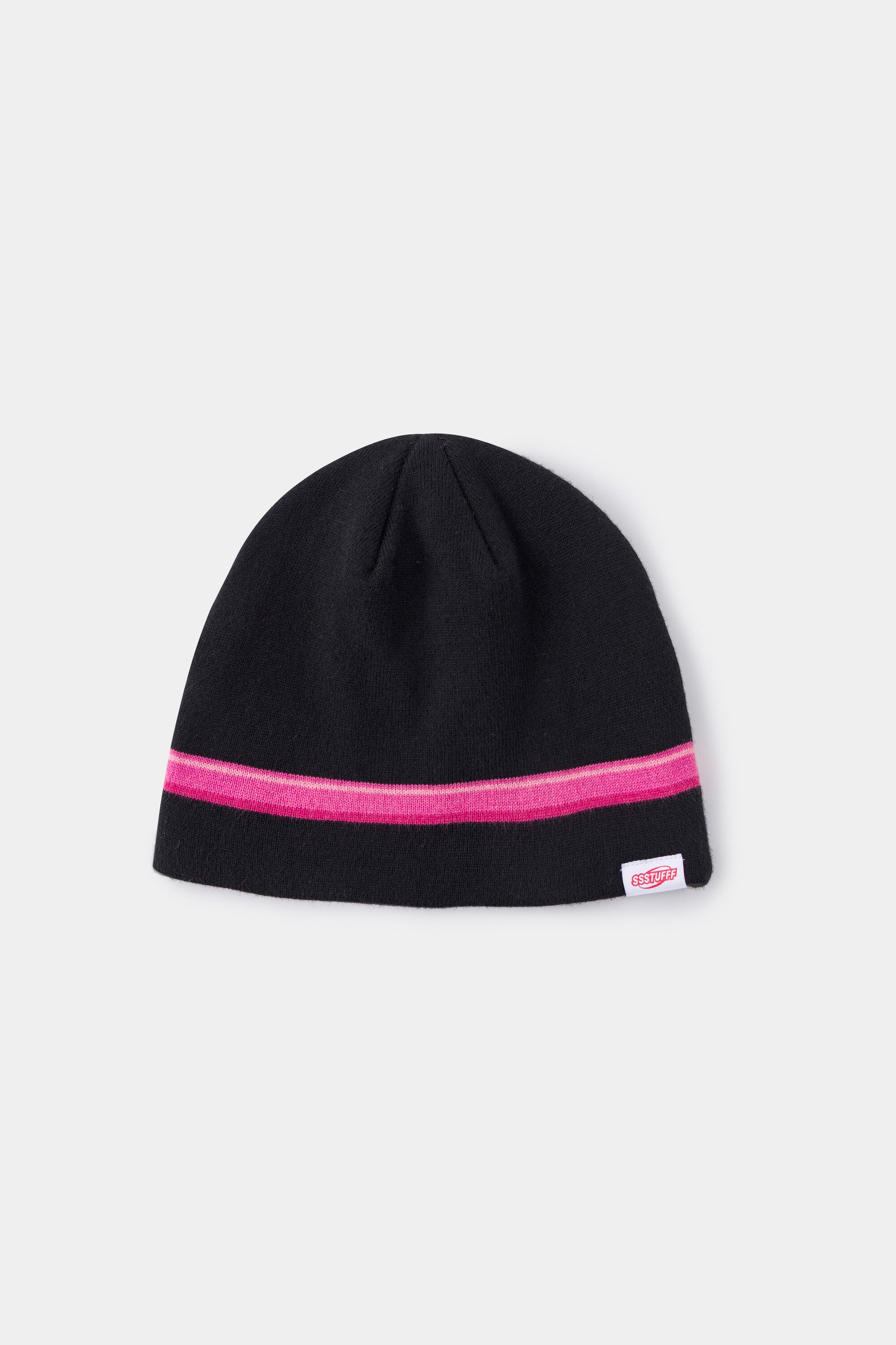Back view of the black beanie, showing the pink band and the red Ssstufff label at the hem.