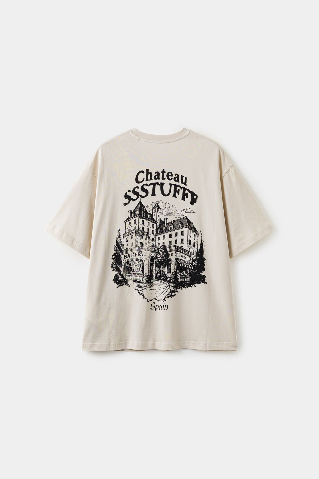 Chateau SSSTUFFF UV Clues Tee in cream, back view with the black chateau illustration and Spain lettering.